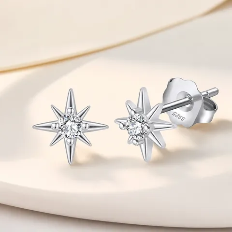 Starburst Stud Earrings With 925 Sterling Silver Earring Post Cubic Zirconia North Star Geometric Fashion For Women