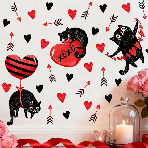 Stickers Muraux Saint Valentin PVC Chat Noir Coeur Motif XOXO Décoration Fenêtre Pour Chambre Salon Décor Romantique