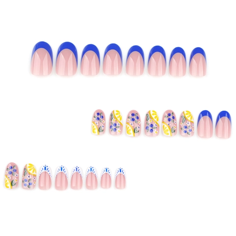 Press On Nagels Frans Blauw Citroen Fruit Floraat Amandel Valse Nagels Kort Rond Manicure Voor Dames Zomer Vers