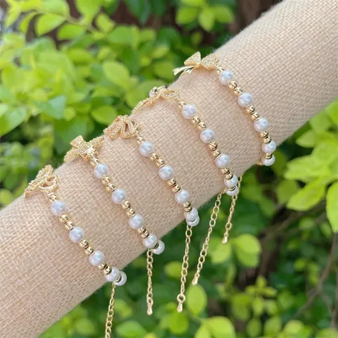 Elegant Artificial Pearl Beaded Bracelet For Women With Cubic Zirconia Bow Knot Charm Copper 18K Gold Plated Sweet Jewelry