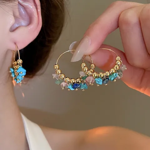 Orecchini A Cerchio Bohemien Da Donna Ghiaia Naturale Irregolare Turchese Rame Placcato Oro Stile Etnico Gioielli