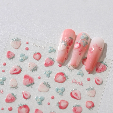 3D Embossed Strawberry Nail Art Stickers Cute Sweet Pink Fruit Design DIY Self Adhesive Nail Decals For Women Daily Decorative Manicure