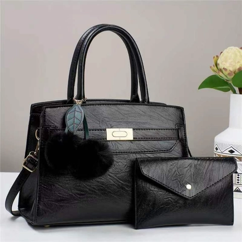 Borsa a Mano in Pelle PU da Donna Borsa Shopper Casual Set Borsa a Tracolla con Pochette e Ciondolo Pompon Minimalista Urbano