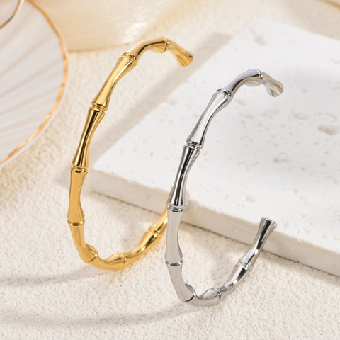 Minimalistisches Stapelbares Bambus Design Rundperlen Armreif Aus Edelstahl Hochglanzpolierter Wasserfester Schmuck