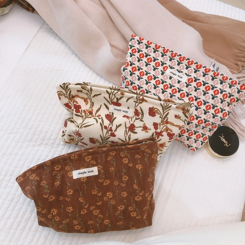 Pochette Trucco In Velluto A Coste A Fiori Vintage Borsa Cosmetici Con Cerniera Per Viaggi E Casa Donne Grande Capacità