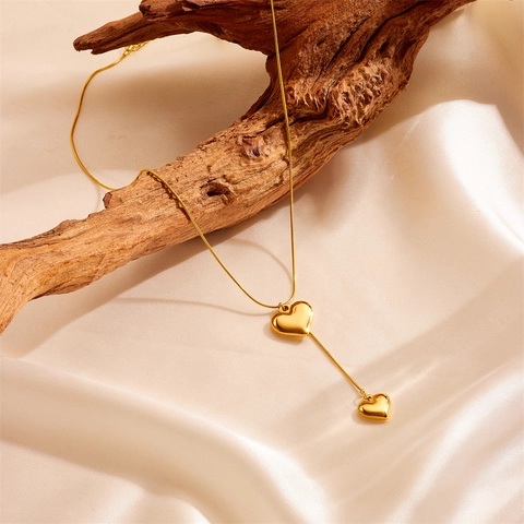 Collana Con Pendente A Doppio Cuore Nappa A Forma Di Y Acciaio Inossidabile Placcato Oro Catena A Serpente Gioielli