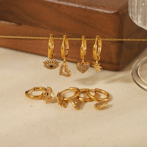 Huggie Hoop Ohrringe Edelstahl 18K Vergoldet Zirkonia Herz Stern Böser Blick Anhänger Schmuck Damen