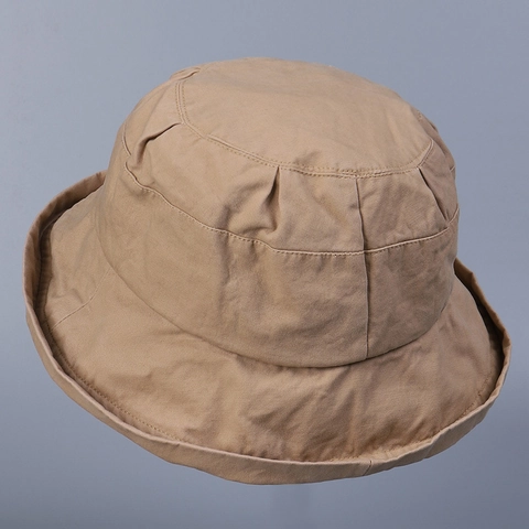 Sombrero De Pescador Para Mujer De Algodón Lavado Protección Solar Transpirable Color Sólido Plegable Ala Ancha Estilo Japonés
