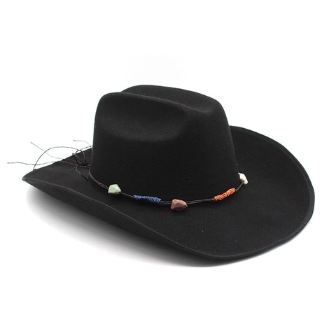 Western Cowboy Hat Wool Felt Wide Brim With Bohemian Beaded Stone Hatband Vintage Ethnic Style For Men Women