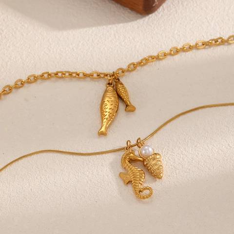 Ocean Theme Necklace Stainless Steel Gold Plated With Seahorse Shell Artificial Pearl Fish Pendant Jewelry Women Fashion Accessory