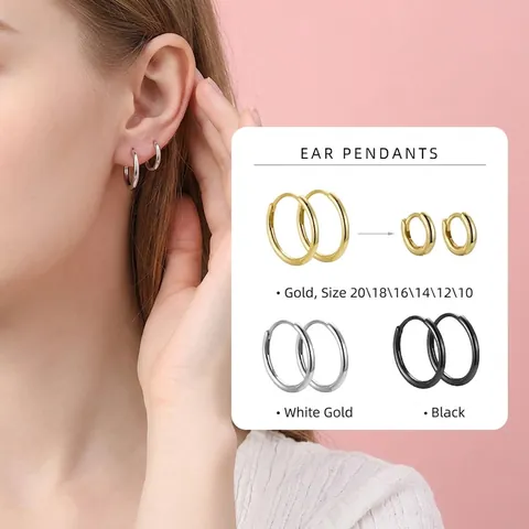 Pendientes de Aro de Plata de Ley 925 Maciza para Mujeres Hombres Hebilla de Oreja Circular Geométrica Minimalista