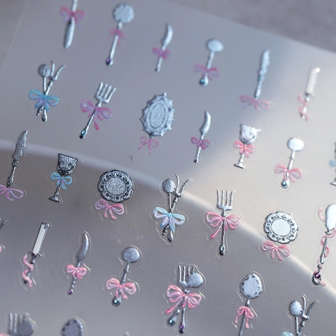 Vintage 3D Embossed Nail Art Stickers Bowknot Cutlery Metallic Gold Silver Design French Style DIY Manicure Elegant Decor