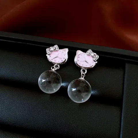 Süße Cartoon Katze Tropfenohrringe Legierung Strass Bogen Transparente Glaskugel Für Damen Mit Silbernem Ohrstecker