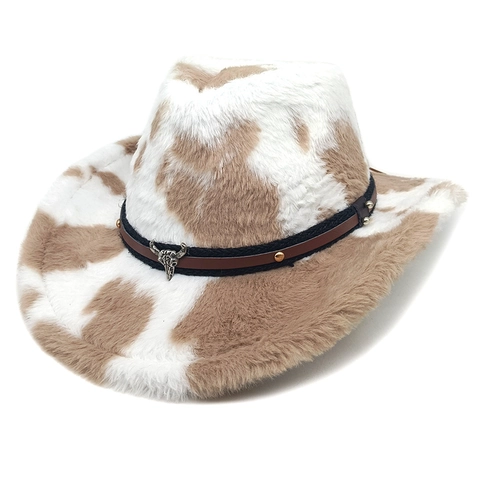 Cappello Da Cowboy Western Pelliccia Sintetica Stampa Mucca Ornamento Metallo Testa Di Toro Fedora