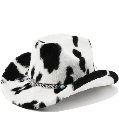 Cappello Da Cowboy Western Pelliccia Sintetica Peluche Stampa Mucca Fascia Intrecciata Perline Turchese Fibbia Metallo