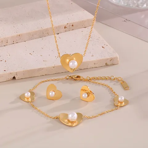 Stainless Steel Heart Pendant Necklace Shell Artificial Pearl Bracelet And Stud Earrings Elegant Chic Fashion Jewelry For Women