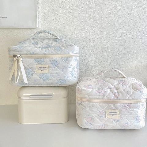 Trousse De Maquillage En Coton Matelassé Floral Grande Capacité Organisateur Cosmétique Portable Fermeture Éclair Poignée Nœud