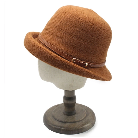 Vintage Knitted Cloche Hat For Women Autumn Winter Elegant Basin Hat With PU Leather Belt Buckle Solid Color Warm