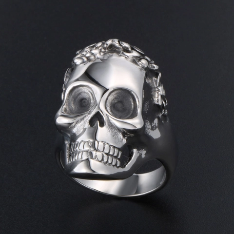 Skull Ring Titanium Steel Flower Carved Retro Silver Gothic Punk Rock Jewelry For Men