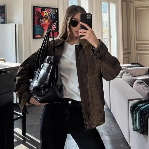 Chaqueta De Gamuza Sintética Para Mujer Color Sólido Suelta Ropa De Abrigo Cuello De Solapa Dobladillo Elástico Bolsillos Vintage Casual