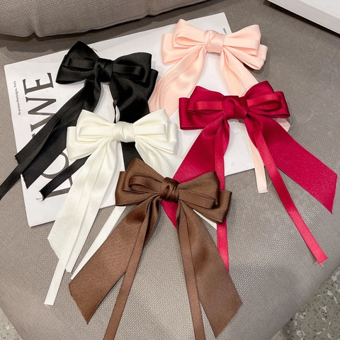 Elegant Satin Big Bow Hair Clip Long Ribbon Streamer Barrette For Women Girls Sweet French Style Hair Accessories Solid Color