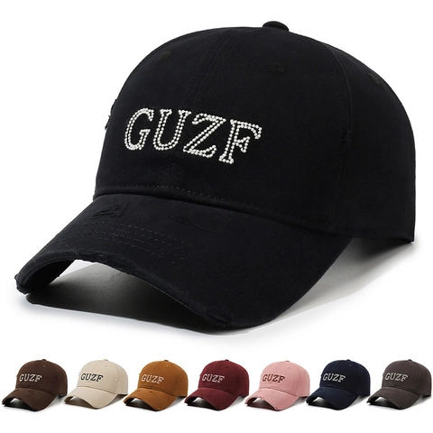 Distressed Baseball Cap For Men Women Washed Cotton Retro Sun Hat Rhinestone Letter Embroidery Adjustable Metal Buckle