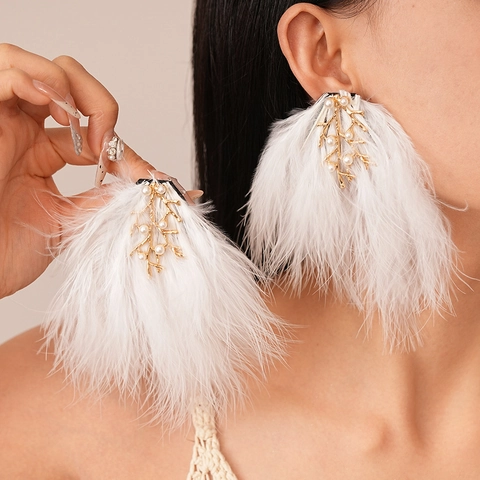 Pendientes Retro De Pluma Con Rama De Árbol Perla Artificial De Imitación Aleación Para Mujer Elegante Étnico Joyería De Nicho