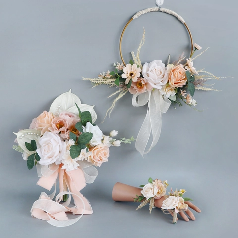 Bridal Bouquet Boutonniere Wrist Flower Hoop Artificial Satin Rose And Faux Artificial Pearl Champagne Pink Romantic Ceremony Decor