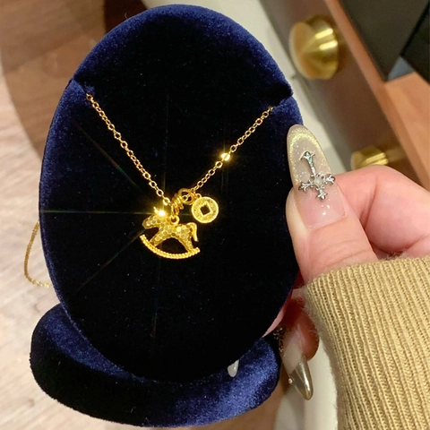 Schommelpaard Hanger Koperen Ketting Echt Verguld Retro Lange Trui Ketting Minimalistische Dierlijke Sieraden Voor Vrouwen