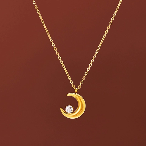 Minimalistisch Titaniumstaal Maan Hanger Halsketting Voor Dames 18K Verguld Zirconia Ingelegd Halve Maan Choker Sieraden Cadeau
