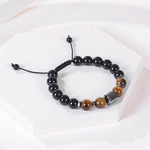 Men Tiger Eye Obsidian Hematite Beads Bracelet Handmade Adjustable Healing Stone With Message Greeting Card Gift