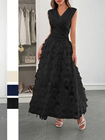 Ärmelloses Maxi Kleid Mit V-Ausschnitt Elegant Polyester Feder Fransen Struktur A-Linie Langes Partykleid Für Damen