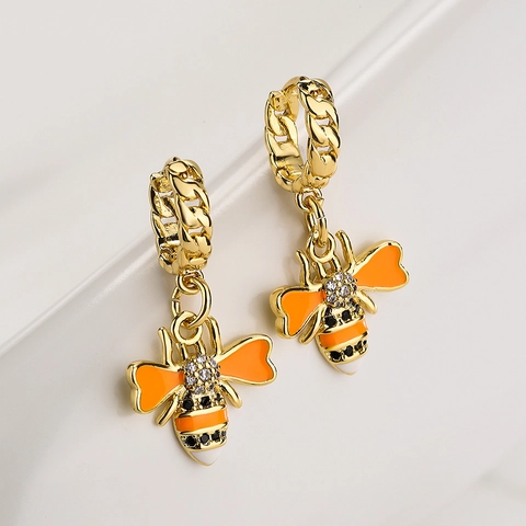 Orecchini A Pendente Ape Rame Placcato Oro 18K Smalto Zirconia Gioielli Alla Moda Donne