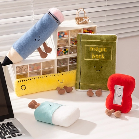 Creative Stationery Shaped Plush Toy Cartoon Pencil Ruler Eraser Book Sharpener Stuffed Doll For Kids Room Decor Soft Plushie Gift