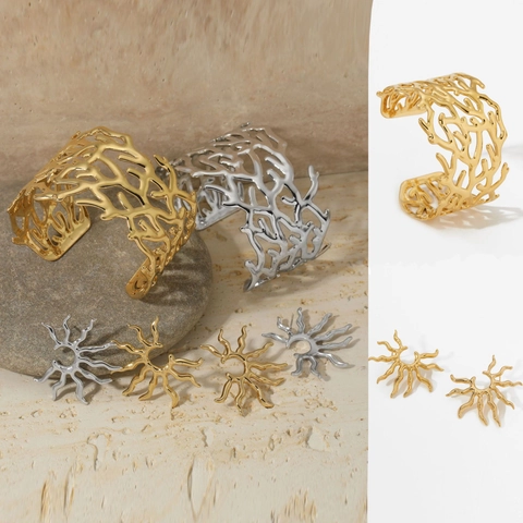 Baumwurzel Ast Textur Armreif Und Sonne Sternsturm Ohrstecker 316 Edelstahl Minimalistischer Schmuck Für Frauen