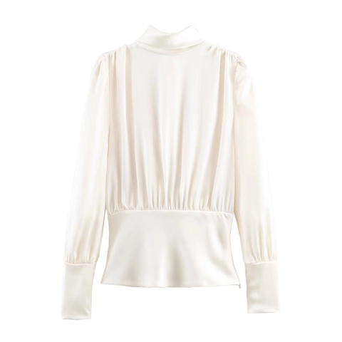 Elegant Women Satin Blouse Long Sleeve Bow Tie Backless Pleated Waist Solid Color Fashion Top