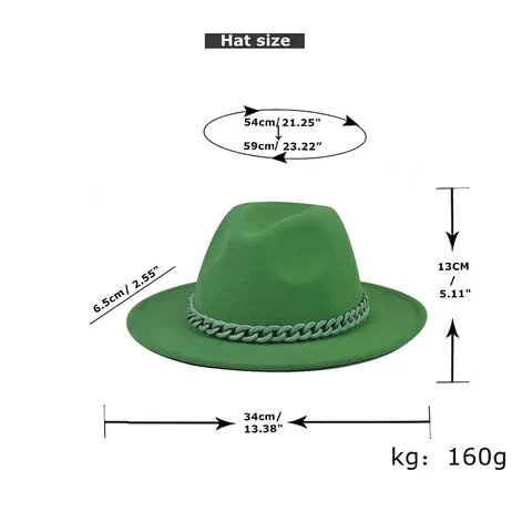 Fedora Hat Wide Brim Felt Jazz Cap With Plastic Chain Decor Retro Solid Color Unisex Fashion Outdoor Accessories