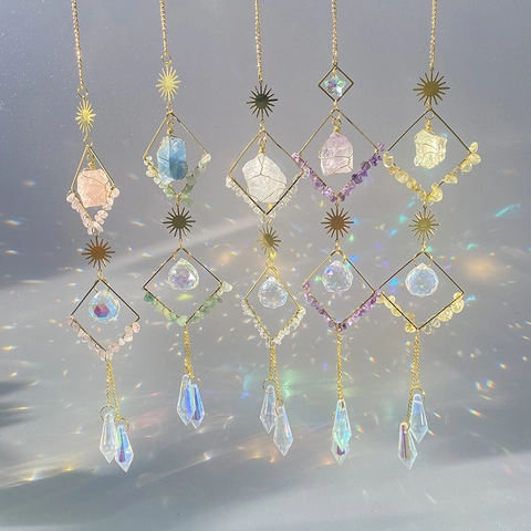 Crystal Suncatcher Hanging Ornament Natural Raw Stone Metal Moon Sun Geometric Rainbow Maker Window Garden Decoration
