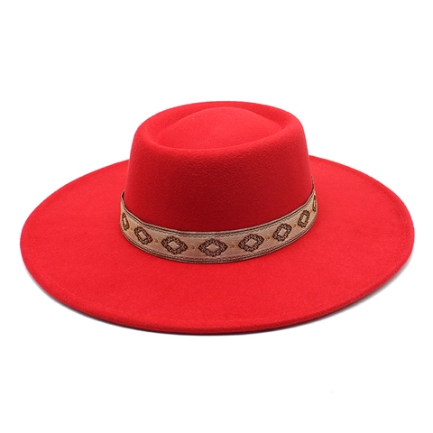 Cappello Fedora In Feltro Di Lana Tesa Larga Nastro Ricamato Etnico Retro Stile Britannico Unisex