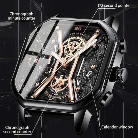 Men Quartz Watch Square Case Luminous Waterproof Chronograph Business Sport Fashion Wristwatch Leather Steel Strap