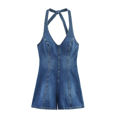 Women Sexy Halter V-Neck Washed Denim Romper Slim Fit Backless Sleeveless Jumpsuit American Retro Summer Play Suit