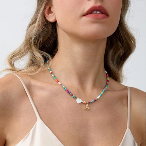 Colorful Beaded Necklace With Stainless Steel Letter Pendant And White Shell Heart Charm Bohemian Summer Jewelry For Women