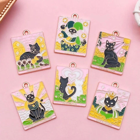 Tarot Card Black Cat Enamel Alloy Charms For DIY Jewelry Making Necklace Bracelet Accessory Cartoon Gothic Style
