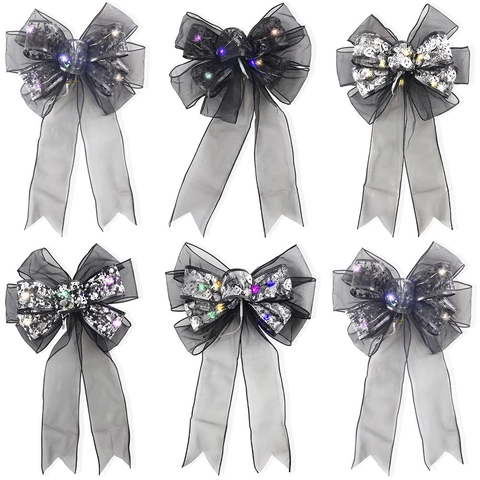 Halloween LED Glowing Bow Black Gauze Silver Skull Pattern Hanging Ornament For Door Wall Party Atmosphere Decoration