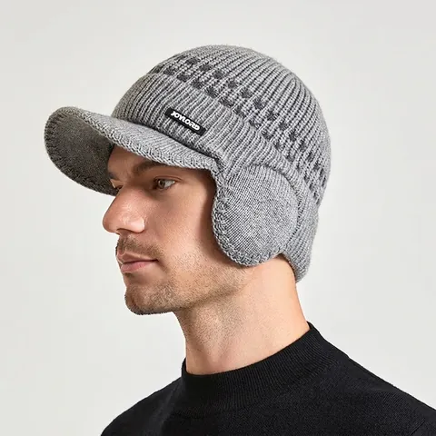 Gorro De Punto Para Hombre Con Visera Protección Para Los Oídos Forro Polar Cálido Cortavientos Acrílico