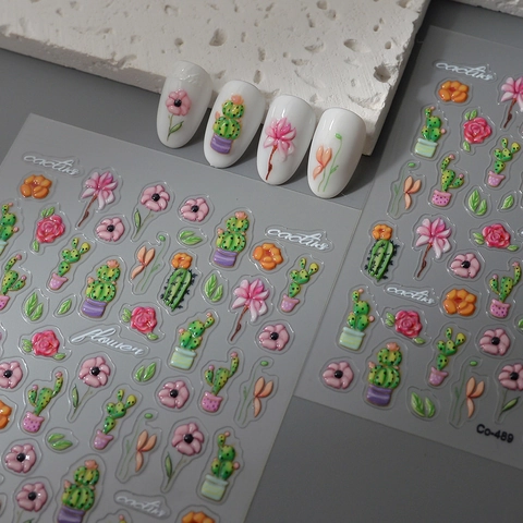 Autocollants Ongles 5D Relief Cactus Succulente Plante Fleurs Imperméable Autocollant DIY Manucure Décalcomanies