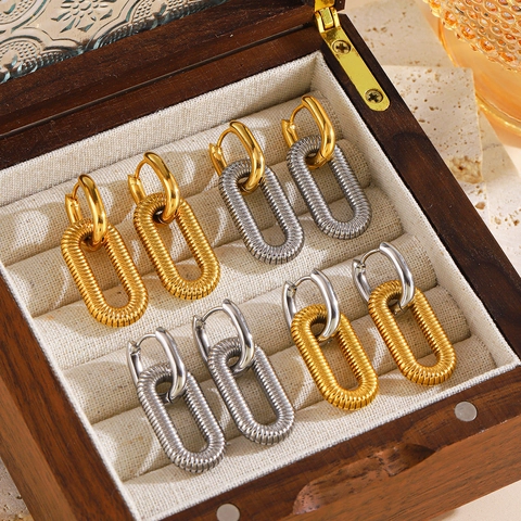 Geometric Oval Hoop Earrings Stainless Steel 18K Gold Plated Spiral Texture Drop Studs For Women Hip Hop Fashion Style