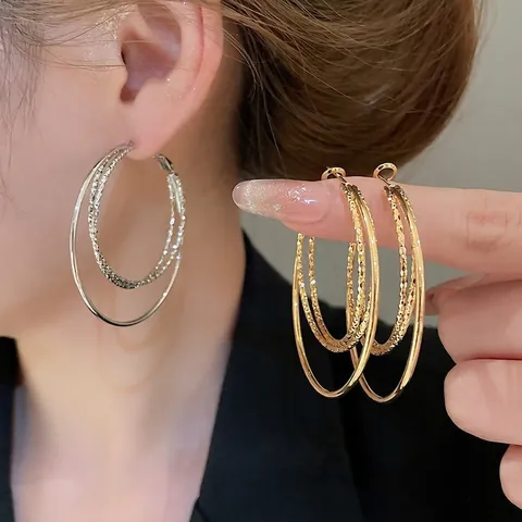 Triple Layer Hoop Earrings Women 18K Gold Plated Geometric Textured Circle Dangle 925 Sterling Silver Earring Post