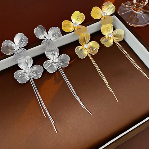 Gebürstete Metallblumen Quasten Ohrhänger Mit Silber Ohrstecker Kupfer Zirkonia Lange Elegante Schmuck Für Frauen