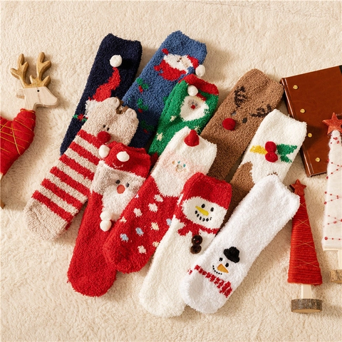 Women Christmas Fuzzy Socks Thick Warm Coral Fleece Winter Floor Socks Cute Cartoon Santa Claus Snowman Reindeer Decor